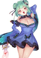 Rule 34 | 2girls, akasaai, alternate breast size, animal print, bare shoulders, bikini, blue dress, blush, breasts, butterfly print, censored, cleavage, detached sleeves, double bun, dress, earrings, flat chest, green hair, hair bun, hair ornament, highres, hololive, houshou marine, houshou marine (summer), jewelry, large breasts, looking at viewer, multiple girls, open mouth, red bikini, red eyes, red hair, ribbon, short hair, simple background, skull, skull hair ornament, smile, swimsuit, twintails, two side up, uruha rushia, uruha rushia (1st costume), virtual youtuber