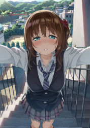 Rule 34 | 1girl, black vest, blue necktie, blush, bow, breasts, bridge, collared shirt, day, grey skirt, hair bow, half-closed eyes, highres, imminent kiss, incoming kiss, kantoku, lips, long hair, long sleeves, looking at viewer, medium breasts, miniskirt, mountainous horizon, necktie, one eye closed, one side up, original, outdoors, outstretched arms, parted lips, plaid, plaid bow, plaid skirt, pleated skirt, pov, railing, red bow, river, school uniform, shirt, skirt, solo, stairs, standing, striped, striped necktie, striped neckwear, tareme, town, tree, vest, wing collar