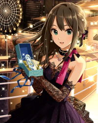 Rule 34 | 10s, 1girl, :d, bare shoulders, black dress, blue ribbon, bow, box, brown hair, building, collarbone, detached collar, dress, earrings, ferris wheel, gift, glass slipper, gloves, green eyes, hair bow, holding, holding gift, idolmaster, idolmaster cinderella girls, jewelry, jpeg artifacts, lace, lace-trimmed dress, lace gloves, lace trim, long hair, looking at viewer, necklace, night, official art, open mouth, pink bow, railing, ribbon, shibuya rin, skyscraper, sleeveless, sleeveless dress, smile, solo, sparkle