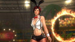 Rule 34 | 1girl, 3d, animal ears, bare arms, bare shoulders, bow, bowtie, breasts, circus, cleavage, dead or alive, dead or alive 5, fake animal ears, fishnet pantyhose, fishnets, indoors, looking at viewer, midriff, mila (doa), no bra, official art, pantyhose, rabbit ears, red hair, short hair, short shorts, shorts, solo, spaniard, spanish (nationality), suspender shorts, suspenders, tecmo, wrist cuffs