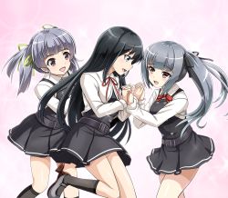 Rule 34 | 10s, 3girls, :d, aqua eyes, asashio (kancolle), belt, belt buckle, black legwear, black ribbon, bow, bowtie, brown eyes, buckle, commentary request, dress, eyebrows, girl sandwich, green ribbon, hair bow, hair ribbon, holding hands, kantai collection, kasumi (kancolle), leg up, long hair, long sleeves, looking at another, mary janes, md5 mismatch, multiple girls, neck ribbon, ooshio (kancolle), open mouth, pinafore dress, pink background, pleated dress, pleated skirt, red ribbon, ribbon, sandwiched, school uniform, shoes, side ponytail, silver hair, simple background, skirt, sleeveless, sleeveless dress, smile, tk8d32, twintails