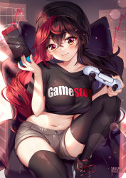 Rule 34 | 1girl, :3, beanie, black footwear, black hair, black shirt, black thighhighs, breasts, chair, clothes writing, crop top, gamestop, gaming chair, graph, grey shorts, hand up, hat, highres, holding, knee up, large breasts, long hair, looking at viewer, micro shorts, midriff, multicolored hair, navel, nintendo switch, playstation controller, red eyes, red hair, shirt, shoes, short shorts, short sleeves, shorts, skindentation, smile, sneakers, solo, squchan, stomach, swivel chair, thighhighs, thighs, twintails, two-tone hair