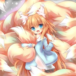 Rule 34 | 1girl, absurdres, animal ear fluff, animal ears, blonde hair, blue eyes, blue sweater, blush, child, commentary request, cowboy shot, dress, fang, fluffy, fox ears, fox girl, fox tail, highres, hugging own tail, hugging tail, kitsune, komuginyan, kyuubi, large tail, long hair, looking at viewer, messy hair, multiple tails, open mouth, original, smile, solo, standing, sweater, tail, tail grab, very long hair, white dress