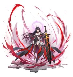 Rule 34 | 1girl, alpha transparency, bare shoulders, black gloves, black hair, breasts, counter:side, covered navel, crown, elbow gloves, floating, gloves, highres, holding, holding sword, holding weapon, long hair, looking at viewer, official art, red eyes, rosaria le friede, small breasts, solo, sword, thighhighs, weapon