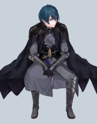 Rule 34 | 1boy, armor, blue eyes, blue hair, byleth (fire emblem), byleth (male) (fire emblem), cape, fire emblem, fire emblem: three houses, gloves, greaves, highres, male focus, nintendo, simple background, solo