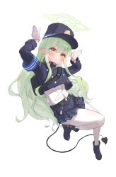 Rule 34 | 1girl, absurdres, bag, blue archive, blue jacket, blue skirt, boots, buttons, cropped jacket, curly hair, demon girl, demon tail, double-breasted, frown, full body, gloves, green hair, green halo, hair between eyes, halo, hands up, hat, highres, hikari (blue archive), jacket, leg up, long hair, looking at viewer, miniskirt, pantyhose, pleated skirt, shirt, shoulder bag, skirt, solo, tail, thighs, toast bun, very long hair, white gloves, white shirt, yellow eyes