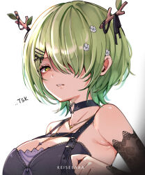 Rule 34 | 1girl, antlers, armpit crease, armpits, bare shoulders, breasts, ceres fauna, ceres fauna (goth), choker, cleavage, green hair, hair ornament, hair over one eye, hairclip, highres, hololive, hololive english, horns, keisea, large breasts, looking at viewer, mole, mole under eye, official alternate costume, official alternate hairstyle, short hair, simple background, solo, upper body, virtual youtuber, white background, yellow eyes