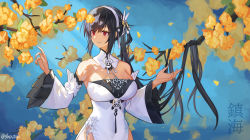 Rule 34 | 1girl, absurdres, azur lane, bare shoulders, black hair, blue background, branch, breasts, chen hai (azur lane), cleavage, cowboy shot, detached sleeves, dress, flower, frilled sleeves, frills, gradient background, hairband, hands up, highres, large breasts, long hair, long sleeves, looking away, looking to the side, parted lips, pelvic curtain, red eyes, shouz, smile, solo, tassel, twitter username, very long hair, w arms, white dress, white hairband, wide sleeves, yellow flower