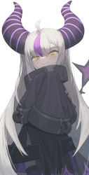 Rule 34 | 1girl, absurdres, ahoge, black horns, blush, braid, closed mouth, grey hair, hair between eyes, highres, hololive, holox, horns, hwoi (hw 123), la+ darknesss, long hair, multicolored hair, purple hair, purple thighhighs, simple background, sleeves past fingers, sleeves past wrists, slit pupils, smile, solo, streaked hair, striped, striped horns, thighhighs, very long hair, virtual youtuber, white background