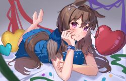 Rule 34 | 1girl, admire vega (umamusume), animal ears, balloon, barefoot, blue dress, blush, breasts, brown hair, commentary request, confetti, cw ien, dress, ear ornament, feet, feet up, hair between eyes, head rest, heart balloon, highres, horse ears, horse girl, horse tail, long hair, lying, medium breasts, on stomach, parted lips, puffy short sleeves, puffy sleeves, purple eyes, short sleeves, solo, tail, the pose, umamusume