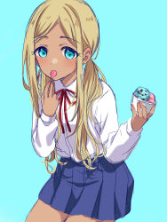 Rule 34 | 1girl, aqua eyes, blonde hair, blue background, blue skirt, breasts, dark-skinned female, dark skin, dot nose, food, hands up, highres, holding, holding food, holding ice cream, holding spoon, ice cream, idolmaster, idolmaster cinderella girls, idolmaster cinderella girls starlight stage, layla (idolmaster), long hair, long sleeves, looking at viewer, low twintails, mouth hold, neck ribbon, pleated skirt, red ribbon, ribbon, school uniform, shirt, simple background, skirt, small breasts, solo, spoon, tottoto tomekichi, twintails, white shirt