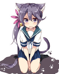 Rule 34 | 10s, 1girl, akebono (kancolle), amano kouki, animal ears, bell, blush, cat ears, cat tail, flower, hair bell, hair flower, hair ornament, highres, jingle bell, kantai collection, kemonomimi mode, looking at viewer, open mouth, paw print, purple eyes, purple hair, school uniform, serafuku, side ponytail, sitting, skirt, solo, tail, v arms, wariza