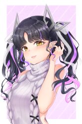 Rule 34 | 1girl, absurdres, aran sweater, backless dress, backless outfit, bat earrings, black hair, blush, breasts, butterfly earrings, cable knit, commentary request, demon girl, demon horns, dress, ear bar, earrings, grey sweater, hair ribbon, halterneck, highres, horns, jewelry, kojo anna, kojo anna (3rd costume), long hair, looking at viewer, medium breasts, meme attire, multicolored hair, multiple earrings, nanashi inc., official alternate costume, open mouth, pointy ears, purple hair, ribbed sweater, ribbon, robou no stone, smile, solo, stud earrings, sweater, sweater dress, turtleneck, turtleneck sweater, twintails, two-tone hair, upper body, virgin killer sweater, virtual youtuber, white ribbon, yellow eyes