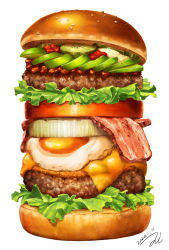 Rule 34 | bacon, burger, cheese, commentary, cucumber, cucumber slice, dated, egg (food), food, food focus, fried egg, highres, lettuce, meat, miwa nagi, no humans, original, resolution mismatch, signature, simple background, source smaller, too much burger, white background