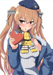 Rule 34 | 1girl, :o, blue hat, blue jacket, blush, box, breasts, brown eyes, comala (komma la), fur-trimmed jacket, fur trim, gift, gift box, grey sweater, hair between eyes, hat, highres, holding, holding box, jacket, johnston (kancolle), kantai collection, light brown hair, long hair, long sleeves, medium breasts, open mouth, ribbed sweater, scarf, sleeveless, sleeveless sweater, solo, star (symbol), sweat, sweater, two side up, yellow scarf