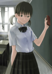Rule 34 | 1girl, arm behind back, bad id, bad tinami id, black bow, black bowtie, black eyes, black hair, black skirt, bow, bowtie, chalkboard, classroom, closed mouth, cowboy shot, curtains, desk, glasses, hitori (htr t), holding, indoors, looking at viewer, original, plaid, plaid skirt, pleated skirt, school, school desk, school uniform, shirt, short sleeves, skirt, smile, solo, sponge, striped bow, striped bowtie, striped clothes, table, tonari alpha, twintails, white shirt, window