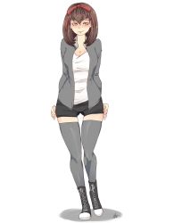 Rule 34 | 1girl, atlus, blush, breasts, brown eyes, brown hair, casual clothes, cleavage, commission, hair ornament, highres, jacket, looking at viewer, misuthecat, mole, persona, persona 1, ribbon, shoes, shorts, sneakers, sonomura maki, thigh gap, thighhighs