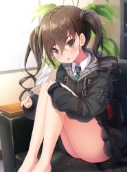 Rule 34 | 1girl, :o, bare legs, barefoot, black jacket, blurry, blurry background, blush, brown eyes, brown hair, collared shirt, commentary request, depth of field, diagonal-striped neckwear, feet out of frame, green necktie, grey skirt, hair between eyes, idolmaster, idolmaster cinderella girls, indoors, jacket, knees up, long hair, long sleeves, mask, matokechi, mole, mole under eye, mouth mask, necktie, parted lips, plant, pleated skirt, sharp teeth, shirt, sitting, skirt, sleeves past wrists, solo, striped necktie, striped neckwear, sunazuka akira, surgical mask, teeth, twintails, v-shaped eyebrows, white shirt