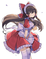 Rule 34 | 1girl, alternate costume, apron, black hair, bow, commentary, cowboy shot, enmaided, falken (yutozin), frilled apron, frilled bow, frilled skirt, frills, hair bow, hair tubes, hakurei reimu, highres, long hair, looking at viewer, maid, maid apron, maid headdress, parted lips, photoshop (medium), puffy short sleeves, puffy sleeves, red bow, red skirt, short sleeves, simple background, skirt, solo, thighhighs, touhou, v arms, white background, white thighhighs, yellow eyes