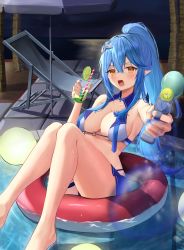 Rule 34 | 1girl, absurdres, aiming, aiming at viewer, bare shoulders, beach chair, beach umbrella, bikini, bikini skirt, blue bikini, blue hair, blue nails, blue skirt, blush, breasts, cleavage, cup, drinking glass, drinking straw, feet out of frame, flower, food, fruit, hair between eyes, hair flower, hair ornament, highres, holding, holding cup, holding water gun, hololive, innertube, knees up, large breasts, lights, lime (fruit), lime slice, long hair, miniskirt, nail polish, night, o-ring, o-ring bikini, open mouth, pointy ears, pool, poolside, pov, sailor bikini, sailor collar, sidelocks, sitting, skirt, solo, suiran (liquiddoes), swim ring, swimsuit, thigh strap, tongue, umbrella, v-shaped eyebrows, virtual youtuber, water, water gun, wet, white flower, yellow eyes, yukihana lamy