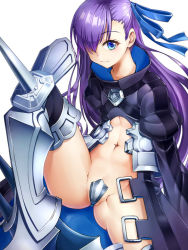 Rule 34 | 10s, 1girl, armor, armored boots, ass, asymmetrical bangs, black coat, black thighhighs, blue eyes, blue ribbon, blush, boots, closed mouth, coat, crotch plate, fate/extra, fate/extra ccc, fate (series), flat chest, groin, hair ribbon, juliet sleeves, kido airaku, knee up, long hair, long sleeves, looking at viewer, meltryllis (fate), navel, puffy sleeves, purple hair, ribbon, simple background, sitting, smile, solo, thighhighs, thighs, very long hair, white background