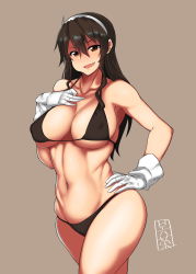 Rule 34 | 10s, 1girl, ashigara (kancolle), bad id, bad pixiv id, bikini, black bikini, blush, breasts, brown eyes, brown hair, covered erect nipples, curvy, fang, female focus, gloves, grey background, hair ornament, hairband, highres, huge breasts, kantai collection, long hair, looking at viewer, meicha, navel, nipples, open mouth, simple background, smile, solo, standing, swimsuit, white gloves, wide hips