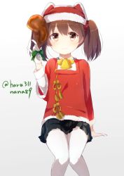 Rule 34 | 10s, 1girl, arm support, bell, black skirt, brown eyes, brown hair, chicken leg, christmas, collar, food, gloves, harusawa, hat, kantai collection, knees together feet apart, looking at viewer, neck bell, pantyhose, pleated skirt, ryuujou (kancolle), santa costume, santa hat, simple background, sitting, skirt, solo, tasuki, twintails, white background, white gloves, white pantyhose