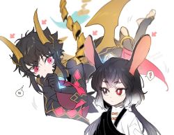 Rule 34 | 1boy, 1girl, ?, androgynous, animal ears, black eyes, black hair, dragon boy, dragon horns, dragon tail, dragon wings, gradient hair, grey hair, hand on own chin, heterochromia, horns, leeee ro, looking at another, lord of heroes, mei ling qiao, multicolored hair, nine (lord of heroes), pale skin, pink eyes, pointy ears, rabbit ears, rabbit girl, red eyes, tail, trap, twintails, wings