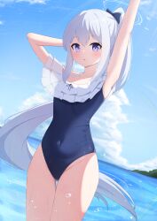 Rule 34 | 1girl, absurdres, arm up, armpits, bare arms, bare legs, bare shoulders, black one-piece swimsuit, blue archive, blue halo, blush, cloud, cloudy sky, collarbone, covered navel, cowboy shot, day, frilled one-piece swimsuit, frills, gluteal fold, grey hair, groin, hair between eyes, halo, highres, icetea (8862), long hair, miyako (blue archive), miyako (swimsuit) (blue archive), official alternate costume, one-piece swimsuit, outdoors, parted lips, ponytail, purple eyes, sky, solo, swimsuit, thigh gap, water, wet