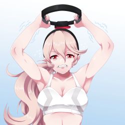 Rule 34 | 1girl, absurdres, alternate costume, alternate hairstyle, armpits, arms up, biceps, breasts, cleavage, clenched teeth, corrin (female) (fire emblem), corrin (fire emblem), exercising, fire emblem, fire emblem fates, hairband, highres, long hair, nintendo, platinum blonde hair, pointy ears, ponytail, red eyes, ring-con, ring fit adventure, seityr, sports bra, sportswear, teeth, training