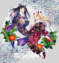 Rule 34 | 2girls, :d, black hair, blonde hair, blush, chrysanthemum print, commentary request, dual persona, ereshkigal (fate), fate/grand order, fate (series), floral print, flower, full body, fur trim, hair ribbon, ishtar (fate), japanese clothes, kimono, looking at viewer, multiple girls, obi, open mouth, parted bangs, peony print, red eyes, ribbon, sash, smile, tohsaka rin, two side up, wide sleeves, yuzuriha (no yzrh)
