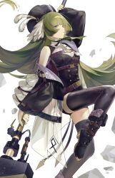 Rule 34 | 1girl, absurdres, arknights, bare shoulders, belt, black belt, black dress, black footwear, black headwear, black jacket, black ribbon, black thighhighs, breasts, dress, feather hair, feathers, feet out of frame, green eyes, green hair, hammer, highres, holding, holding hammer, holding weapon, id card, jacket, long hair, long sleeves, looking at viewer, morales (morales38643), multicolored clothes, multicolored jacket, poncirus (arknights), purple belt, purple eyes, ribbon, simple background, small breasts, solo, thighhighs, thighs, turtleneck, weapon, white jacket