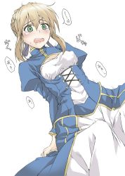Rule 34 | 1girl, ahoge, arms behind back, artoria pendragon (fate), blonde hair, blush, braid, breasts, cleavage, elf (stroll in the woods), embarrassed, fate/stay night, fate (series), french braid, green eyes, hair between eyes, highres, motion lines, saber (fate), saliva, sketch, sweat, tearing up, translation request, white background