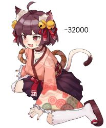 Rule 34 | 1girl, :3, ahoge, animal ears, bell, brown eyes, brown hair, cat ears, cat girl, cat tail, choker, frilled choker, frills, full body, hair bell, hair ornament, highres, ichihime, japanese clothes, jingle bell, kneeling, mahjong soul, nail polish, open mouth, red nails, renoana, short hair, simple background, socks, sweatdrop, tail, white background, white socks