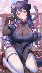 1girl absurdres amahara_subaru animal_ear_fluff black_dress blush breasts dress falling_petals fur_trim hair_between_eyes halter_dress halterneck high_heels highres indie_virtual_youtuber isonade_orca kneeling large_breasts long_hair looking_at_viewer multicolored_hair pantyhose parted_lips petals pink_eyes pink_hair purple_hair solo tail virtual_youtuber