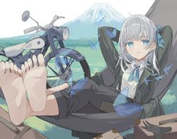 Rule 34 | 1girl, absurdres, anataa, arms behind head, arms up, barefoot, black jacket, black nails, black pants, blue eyes, blue neckerchief, bug, butterfly, commentary request, feet, gloves, unworn gloves, grey hair, hammock, highres, insect, jacket, leaning back, long hair, looking at viewer, motor vehicle, motorcycle, nail polish, neckerchief, original, outdoors, pants, parted lips, sidelocks, soles, solo, suitcase, suspenders, toenail polish, toenails, toes