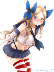 Rule 34 | 1girl, asakaze (kancolle), black hairband, black neckerchief, black panties, blue bow, blue sailor collar, blue skirt, bow, cosplay, crop top, elbow gloves, forehead, gloves, hairband, highleg, highleg panties, kantai collection, leaning forward, light brown hair, long hair, looking at viewer, microskirt, miniskirt, neckerchief, one-hour drawing challenge, panties, panty pull, parted bangs, pleated skirt, ray.s, sailor collar, shimakaze (kancolle), shimakaze (kancolle) (cosplay), sidelocks, skirt, solo, striped clothes, striped thighhighs, sweat, thighhighs, underwear, wavy hair, wedgie, white gloves