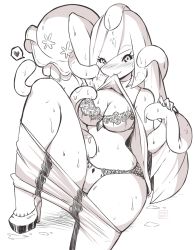 Rule 34 | 1girl, arm behind head, arm up, armpits, blush, bra, breasts, cleavage, clothes lift, creatures (company), dress, dress lift, eyes visible through hair, game freak, gen 7 pokemon, greyscale, hair over one eye, hand up, heart, high heels, highres, kenron toqueen, lace, large breasts, leggings pull, lifted by self, lingerie, long hair, looking at viewer, lusamine (pokemon), mature female, monochrome, mouth hold, navel, nihilego, nintendo, panties, pokemon, pokemon (creature), pokemon sm, shoes, short dress, simple background, sitting, skindentation, sleeveless, sleeveless dress, smile, spoken heart, steam, sweat, tentacles, toe cleavage, ultra beast, underwear, watermark, white background
