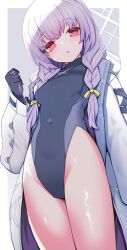 Rule 34 | 1girl, atsuko (blue archive), blue archive, bow, braid, breasts, covered navel, cross-laced clothes, cross-laced sleeves, from below, hair bow, halo, highleg, highleg leotard, highres, hood, hooded jacket, izuoku, jacket, leotard, low twin braids, pink hair, red eyes, small breasts, standing, twin braids, two-tone gloves, two-tone leotard, white jacket