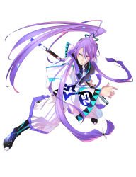 Rule 34 | 1boy, ahoge, bishounen, blue hair, boots, full body, highres, japanese clothes, kamui gakupo, katana, long hair, male focus, monq, ponytail, purple hair, simple background, smile, solo, sword, very long hair, vocaloid, weapon