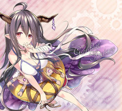 Rule 34 | 10s, 1girl, ahoge, bandaged arm, bandages, bare legs, bikini, blush, breasts, cleavage, copyright name, danua, doll, draph, female focus, gears, gradient background, granblue fantasy, gretel (granblue fantasy), hansel (granblue fantasy), horn ornament, horns, innertube, jewelry, large breasts, long hair, necklace, pointy ears, purple hair, red eyes, rei (rei&#039;s room), solo, striped, striped background, swim ring, swimsuit
