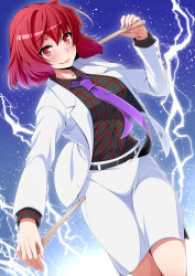 Rule 34 | 1girl, belt, black belt, black shirt, blue background, breasts, coat, commentary request, cowboy shot, drumsticks, eichi yuu, electricity, electrokinesis, gradient background, highres, holding, holding drumsticks, horikawa raiko, large breasts, light particles, long sleeves, looking at viewer, miniskirt, necktie, pencil skirt, pink lips, plaid, plaid shirt, purple necktie, red eyes, red hair, shirt, short hair, skirt, solo, thighs, touhou, white coat, white skirt