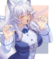 Rule 34 | 1girl, absurdres, animal ears, blue nails, breasts, claw pose, esencey, closed eyes, highres, howling, indie virtual youtuber, large breasts, long hair, lumi (merryweather), nail polish, open mouth, ponytail, solo, tail, virtual youtuber, white hair, wolf girl