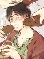 Rule 34 | 1boy, ;o, artist request, black hair, blue eyes, blush, bread, brown jacket, collarbone, eren yeager, food, holding, holding food, jacket, non-web source, one eye closed, parted lips, pink background, sexually suggestive, shingeki no kyojin, short hair, simple background, upper body, wince