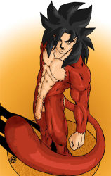 Rule 34 | 1boy, dragon ball, dragonball z, flaccid, foreskin, gradient background, male focus, muscular, nude, penis, solo, son goku, tail
