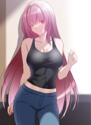 Rule 34 | 1girl, alternate costume, black shirt, blue pants, breasts, cleavage, closed mouth, collarbone, commentary request, contemporary, denim, engo (aquawatery), fate/grand order, fate (series), hair between eyes, head tilt, jeans, long hair, looking at viewer, medium breasts, midriff peek, one eye closed, pants, red eyes, scathach (fate), shirt, sleeveless, sleeveless shirt, smile, solo, very long hair
