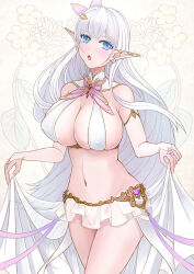 Rule 34 | 1girl, :o, albion (azur lane), azur lane, blue eyes, breasts, bridal gauntlets, clothes lift, covered erect nipples, cowboy shot, detached collar, earrings, elbow gloves, elf, floral background, gloves, gold trim, hair ornament, highres, huge breasts, jewelry, long hair, looking at viewer, microskirt, midriff, navel, no panties, open mouth, pointy ears, revealing clothes, sai-go, see-through, see-through skirt, skirt, skirt hold, skirt lift, solo, very long hair, white background, white gloves, white hair, white skirt