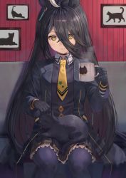 Rule 34 | 1girl, animal, animal ears, animal on lap, black cat, black choker, black gloves, black hair, black jacket, black pantyhose, black shirt, black skirt, brown eyes, cat, choker, closed mouth, collared shirt, commentary request, couch, cup, feet out of frame, gloves, hair between eyes, highres, holding, holding cup, horse ears, horse girl, horse tail, indoors, jacket, long hair, long sleeves, manhattan cafe (umamusume), mug, multicolored hair, necktie, on couch, on lap, open clothes, open jacket, pantyhose, pleated skirt, print necktie, rangen, shirt, sitting, skirt, smile, solo, star (symbol), star print, steam, streaked hair, tail, umamusume, very long hair, white hair, yellow necktie