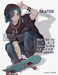 Rule 34 | alternate costume, beanie, black hair, denim, english text, facial mark, forehead mark, genshin impact, green hair, hat, highres, jeans, jeqrow, jewelry, looking at viewer, male focus, multicolored hair, necklace, pants, shirt, short hair, skateboard, solo, xiao (genshin impact), yellow eyes