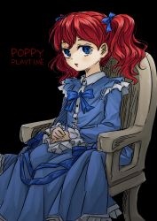 Rule 34 | 1girl, blue dress, blue eyes, bow, chair, dress, highres, lipstick, makeup, poppy (poppyplaytime), poppy playtime, poppy playtime (character), red hair, ribbon, sitting, twintails